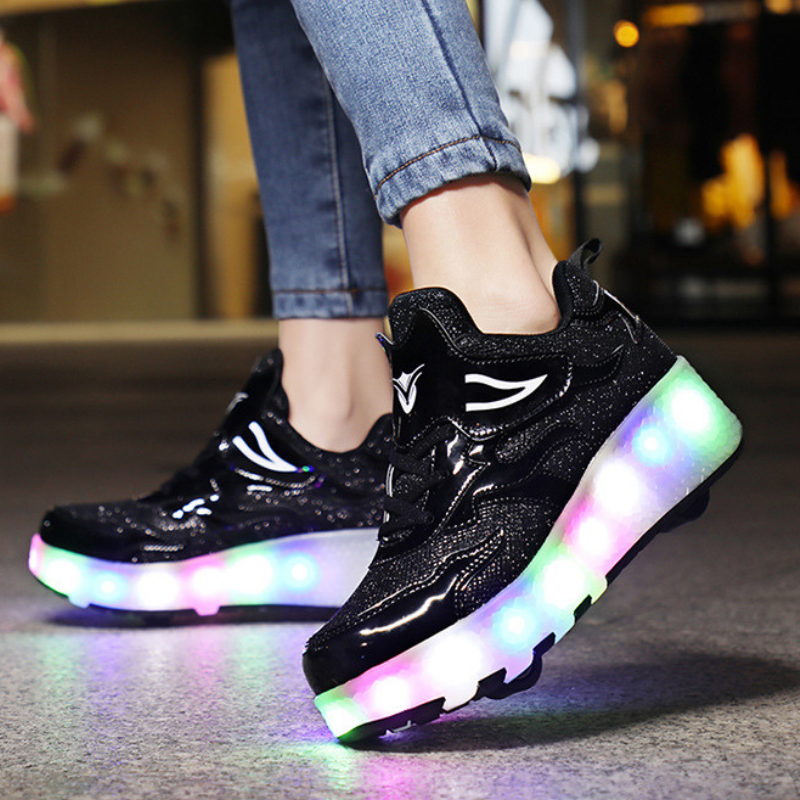 Roller Skate Sneaker Double Wheeled Rechargeable LED Flash Light Roller Shoes For Kids E67 Black