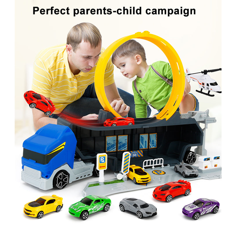 Container Truck Race Car Track Set Circular Runway with Mini Cars Kids Toy Gift