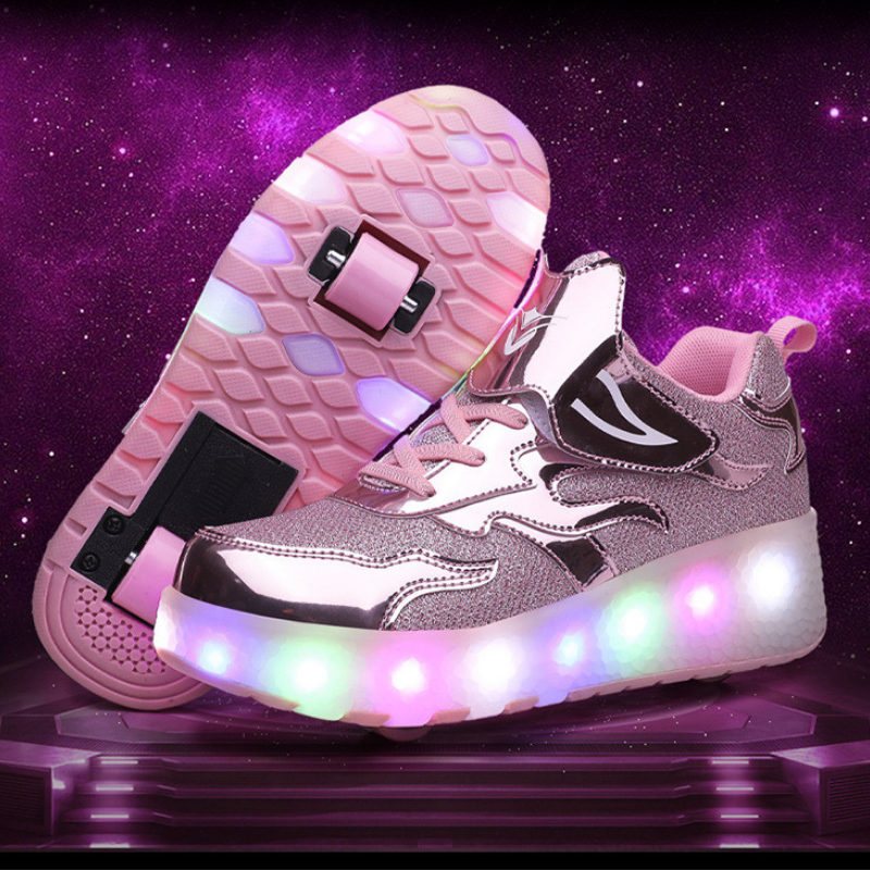 Roller Skate Sneaker Double Wheeled Rechargeable LED Flash Light Roller Shoes For Kids  E67 Pink