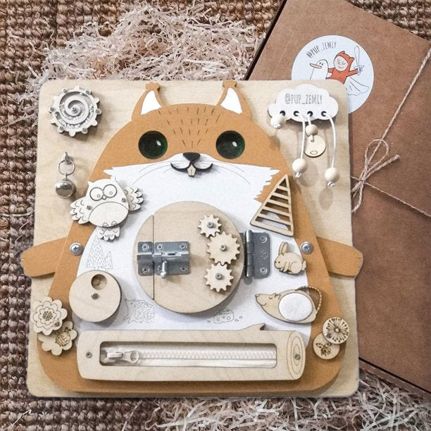 Cute Squirrel Baby Early Education Busy Board Wooden Toy Montessori Toy Baby Sensory Activity Board