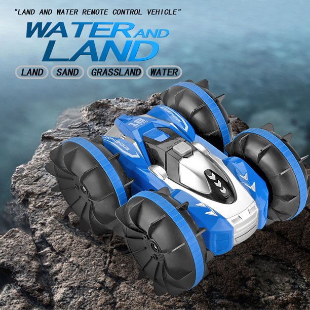 2.4GHz Double Sided 360 Degree Rotating RC Stunt Car Waterproof Land and Water Remote Control Car Gift Toy Blue