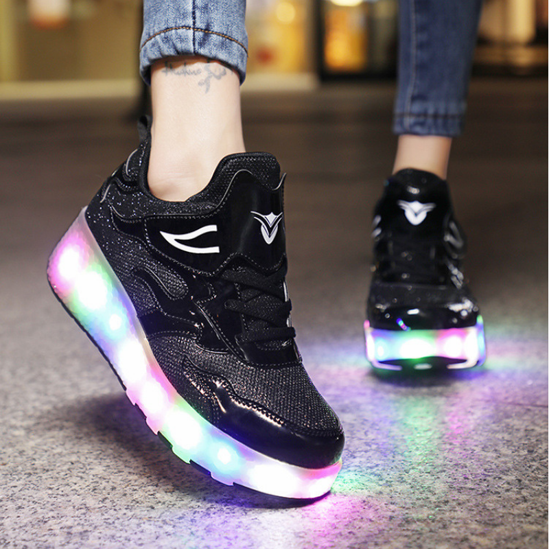 Roller Skate Sneaker Double Wheeled Rechargeable LED Flash Light Roller Shoes For Kids E67 Black
