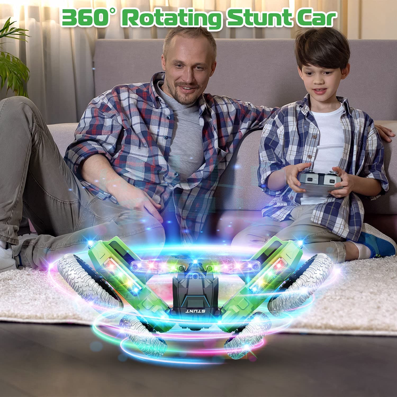 Light Up RC Stunt Car 4WD Remote Control Car 360 Flips Double-Sided Rotating Car Kids Indoor Outdoor Toys Gift Green