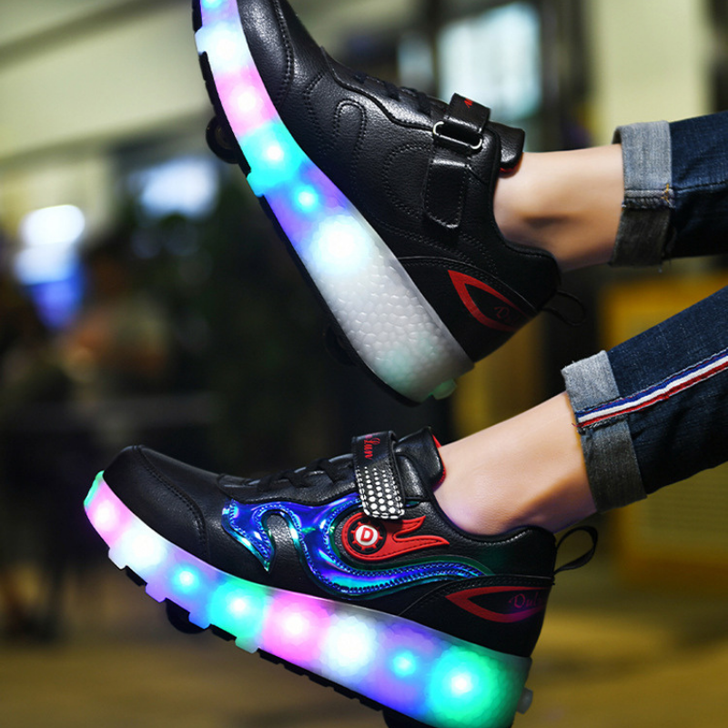 Roller Skate Sneaker Double Wheeled Rechargeable LED Flash Light Roller Shoes For Kids  E66 Black