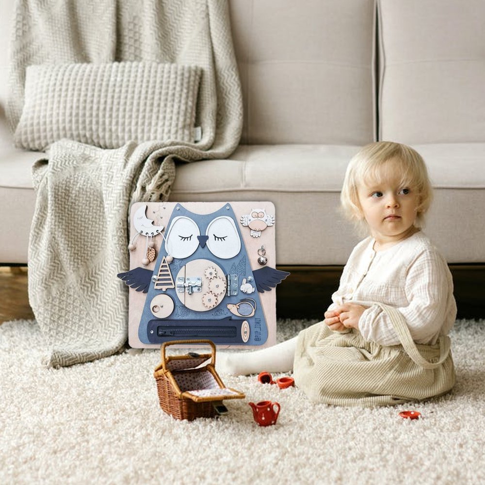 Sleeping Owl Baby Early Education Busy Board Wooden Toy Montessori Toy Baby Sensory Activity Board