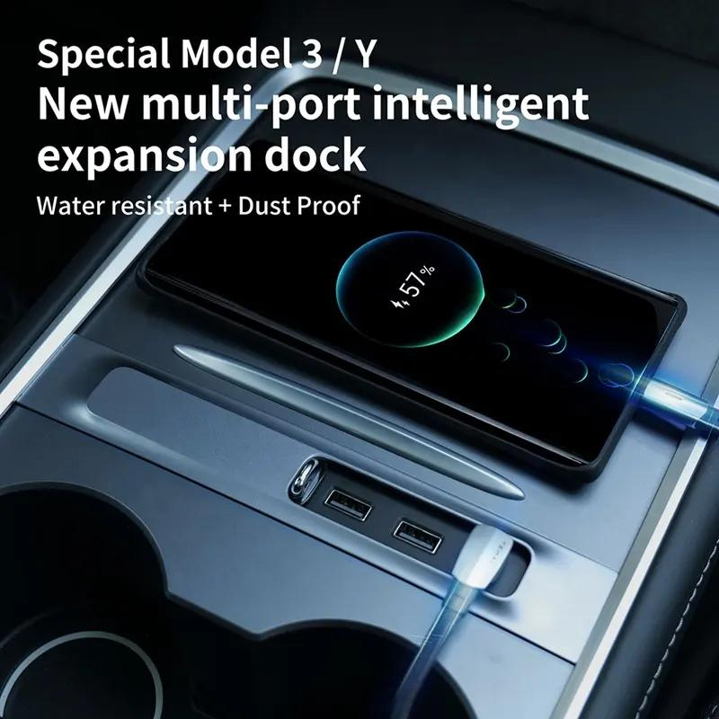 Premium Tesla Model 3/Y Docking Station – Fast Charging, LED Lighting & Dustproof Design – 27W Fast Charge, Dual USB & LED Lighting