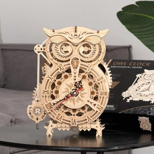 Robotime 3D DIY Wooden Puzzle Mechanical Gear Drive Pendulum Owl Clock LK503