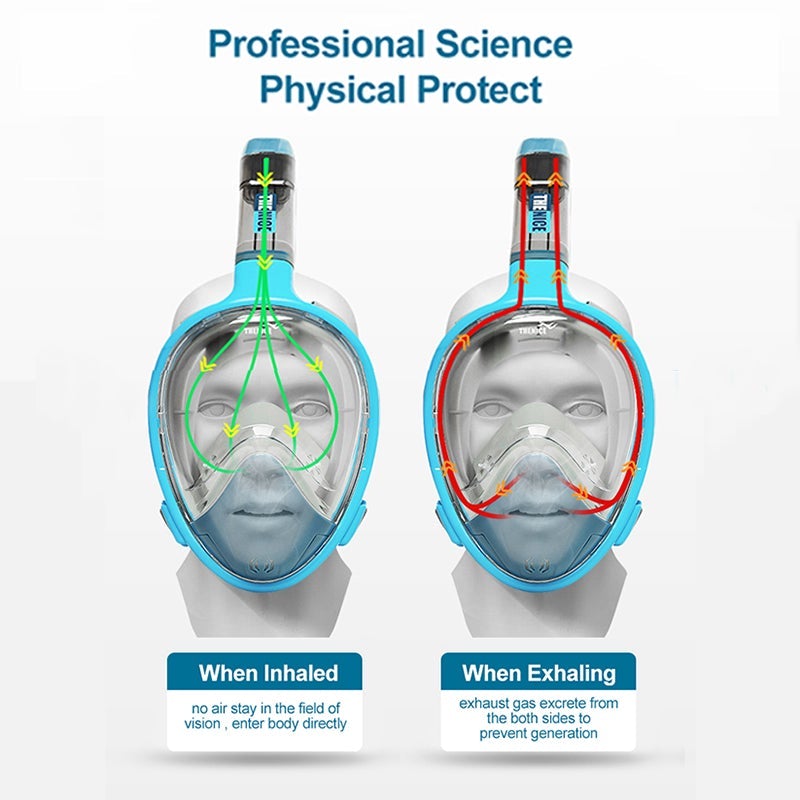 180View Full Face Snorkel Mask Anti-Fog & Anti-Leak Free Breathing Design with GoPro Mount - Blue L/XL Size
