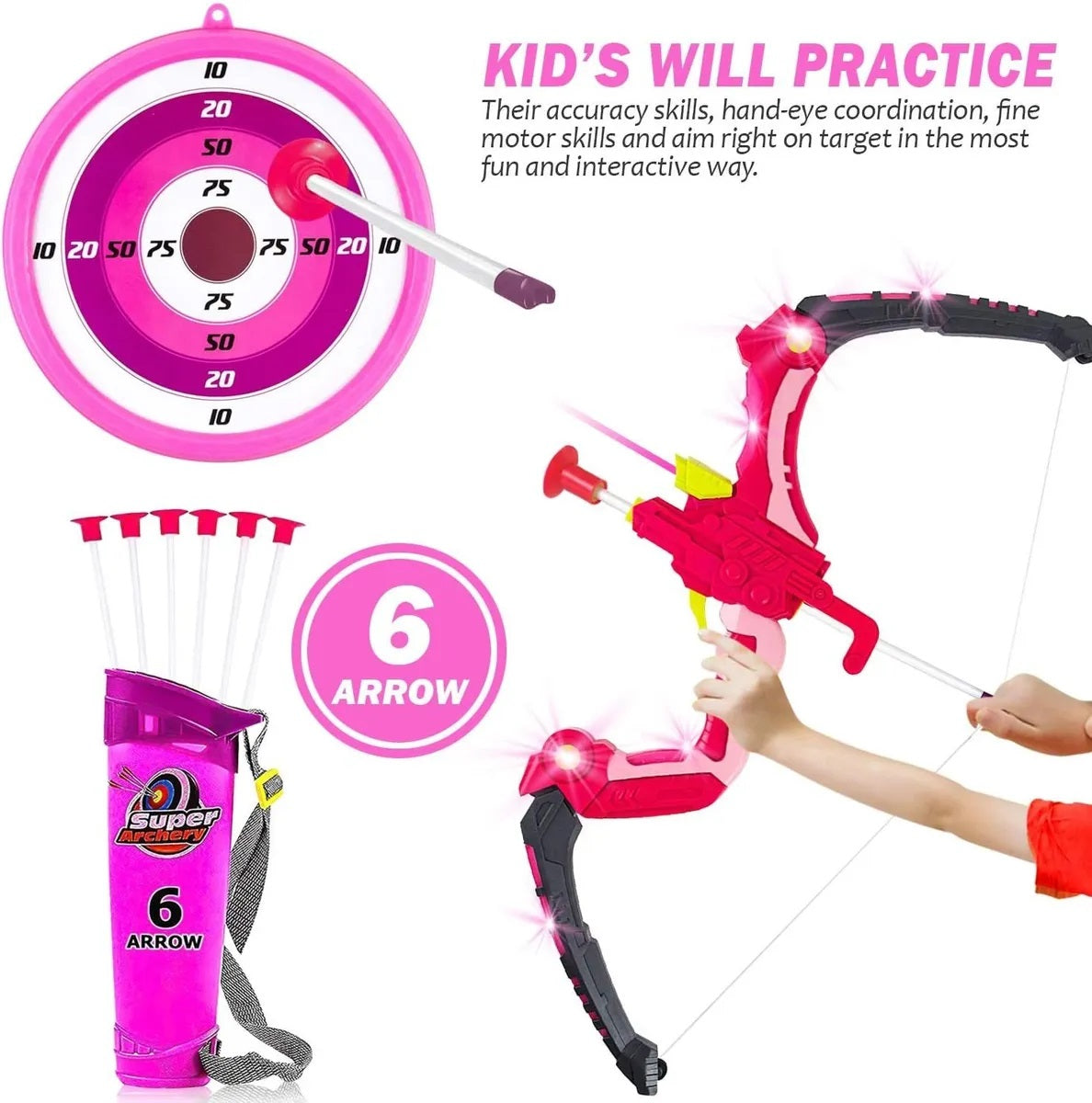 Light Up Laser Aiming Bow With 3 Suction Cup Arrows Kids Archery Toys Set Girls