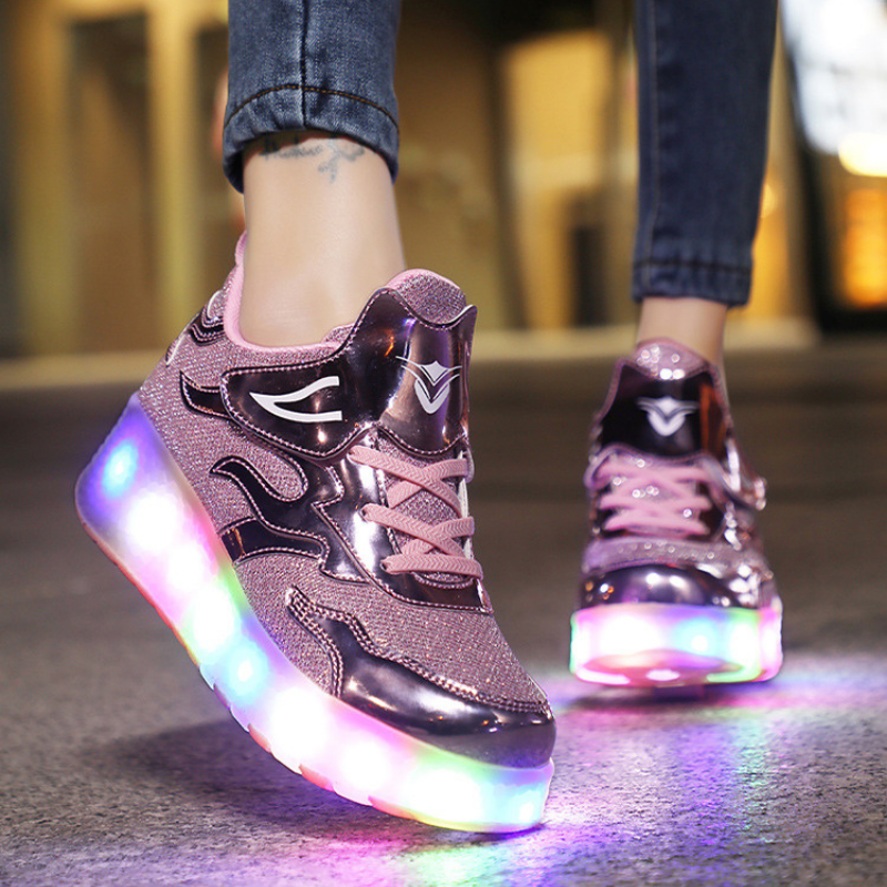 Roller Skate Sneaker Double Wheeled Rechargeable LED Flash Light Roller Shoes For Kids  E67 Pink