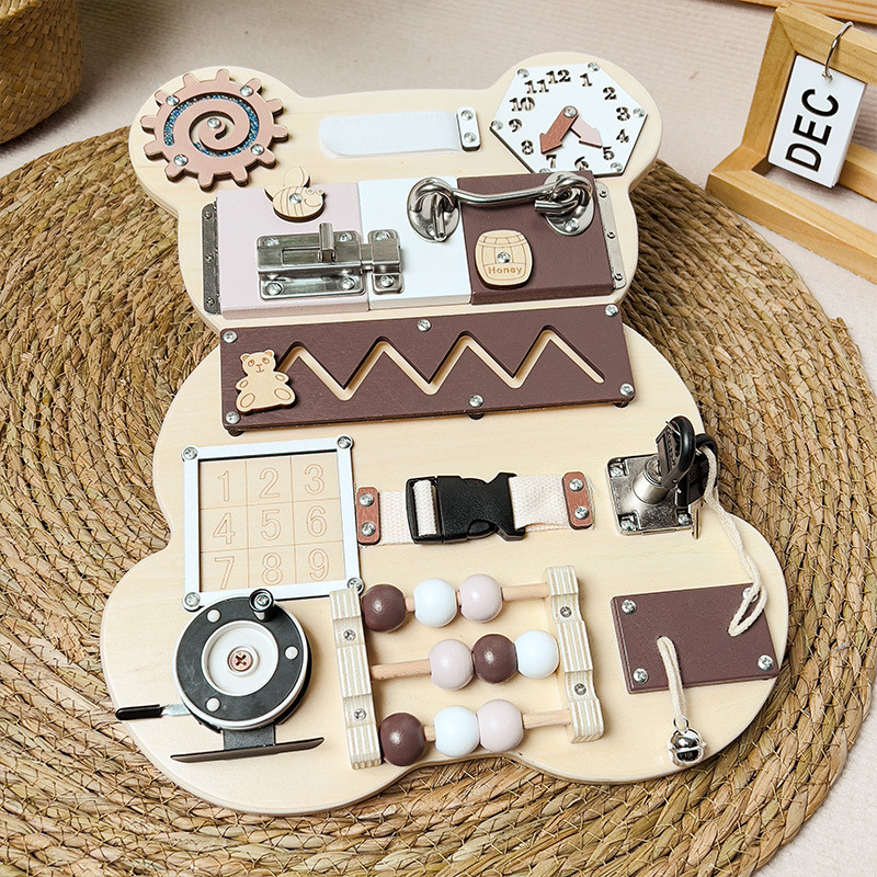 Bear Shape Baby Early Education Busy Board Wooden Toy Montessori Toy Baby Sensory Activity Board