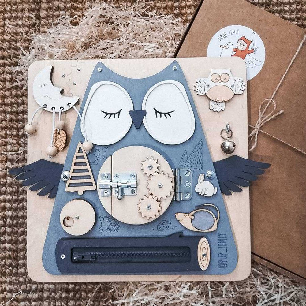 Sleeping Owl Baby Early Education Busy Board Wooden Toy Montessori Toy Baby Sensory Activity Board