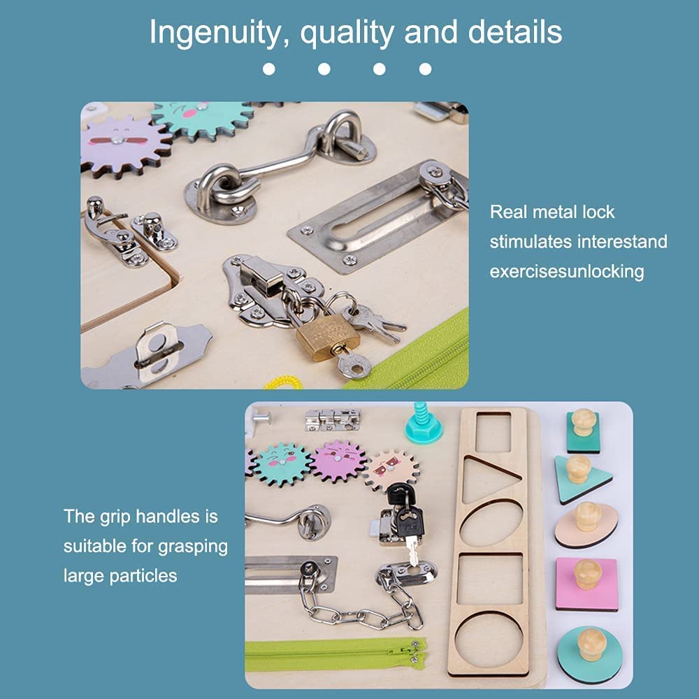 Wooden Sensory Board Montessori Basic Skills Activity Board for Kids Portable Locks Latches Board Children Preschool Learning Activities Busy Board