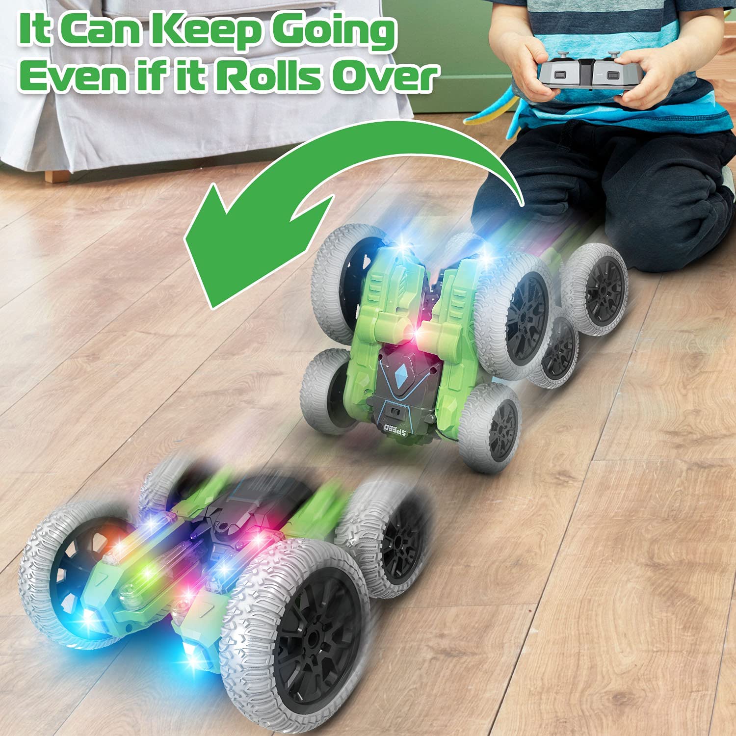 Light Up RC Stunt Car 4WD Remote Control Car 360 Flips Double-Sided Rotating Car Kids Indoor Outdoor Toys Gift Green
