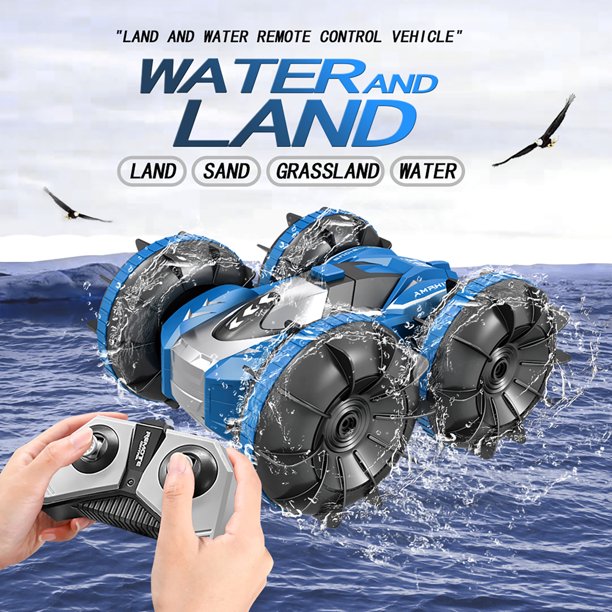 2.4GHz Double Sided 360 Degree Rotating RC Stunt Car Waterproof Land and Water Remote Control Car Gift Toy Blue