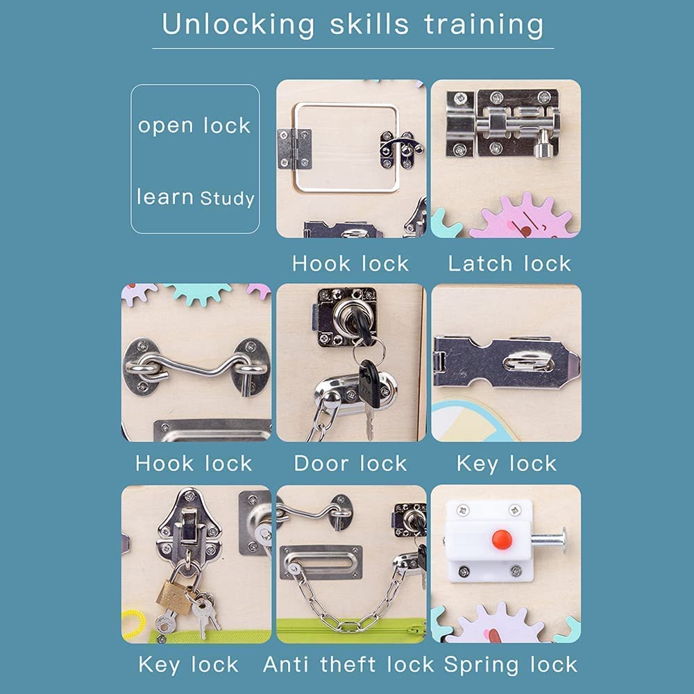 Wooden Sensory Board Montessori Basic Skills Activity Board for Kids Portable Locks Latches Board Children Preschool Learning Activities Busy Board