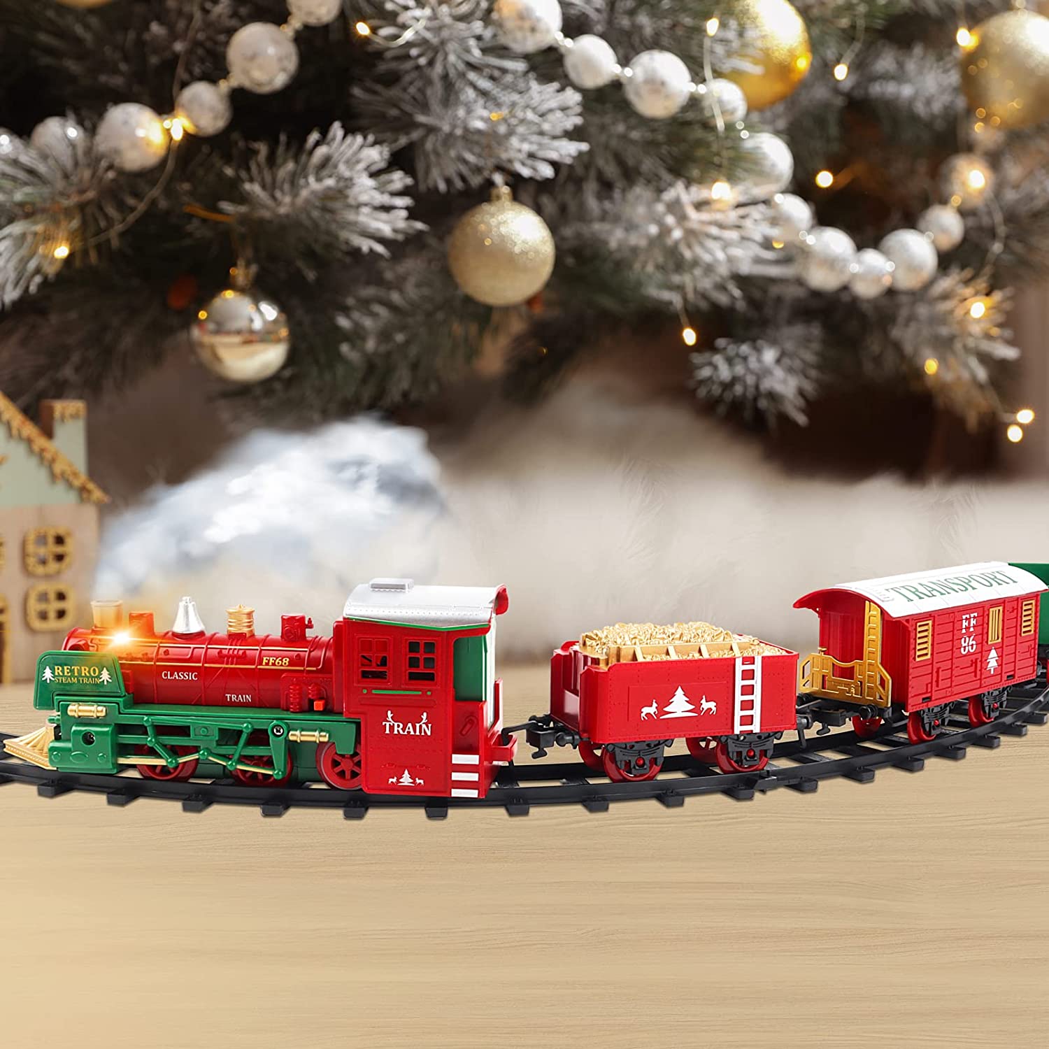 Christmas Steam Train Set for Kids with Light & Sounds Smoke Effect 13 Track Electric Train Set Great Accessory for Kids Gift
