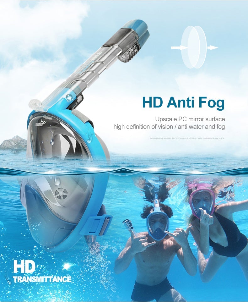 180View Full Face Snorkel Mask Anti-Fog & Anti-Leak Free Breathing Design with GoPro Mount - Blue L/XL Size