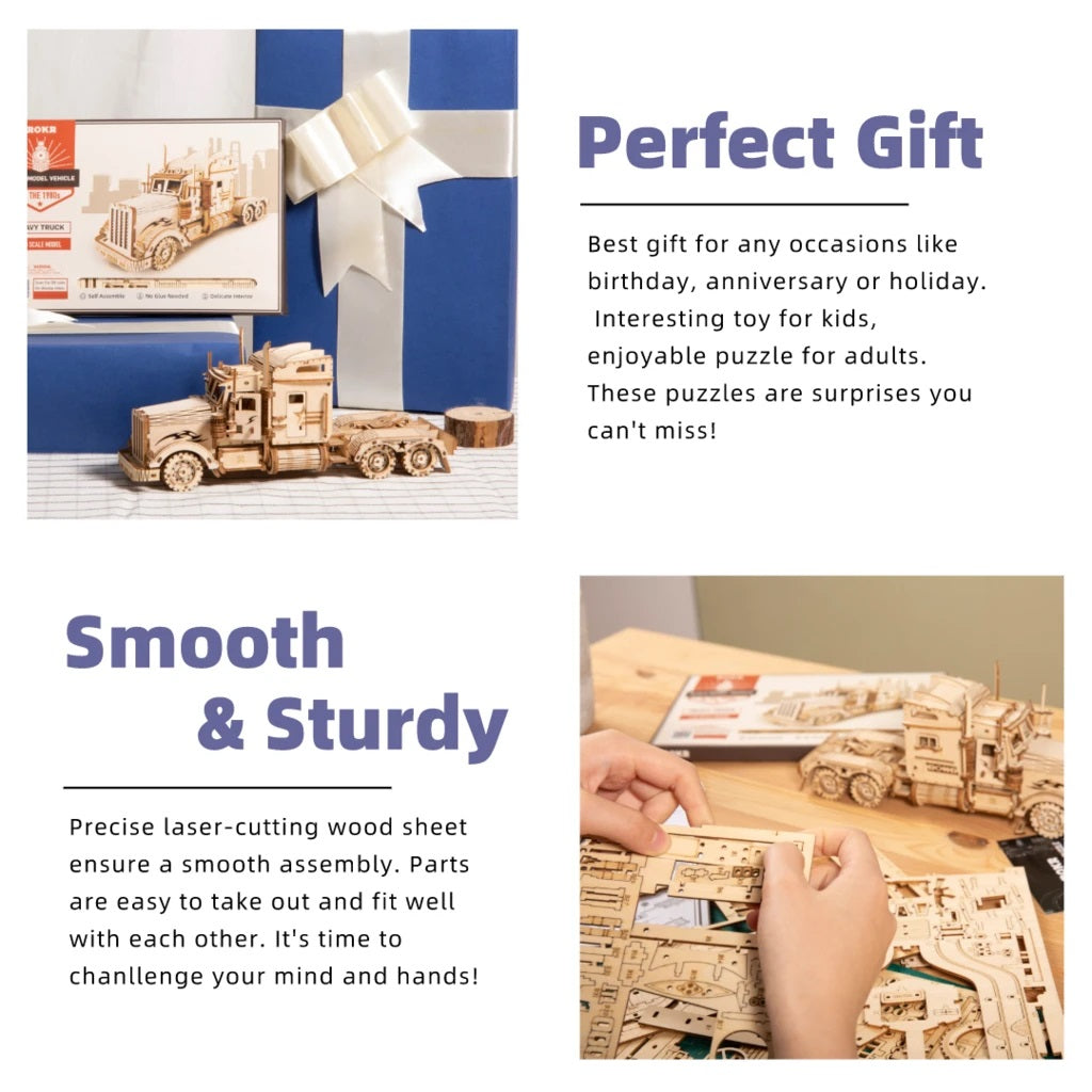 Robotime 3D Wooden DIY Model 1:40 Puzzle Mechanical Gear Kit Heavy Truck MC502