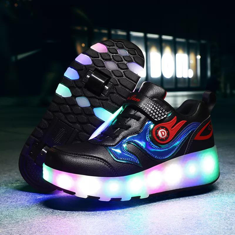 Roller Skate Sneaker Double Wheeled Rechargeable LED Flash Light Roller Shoes For Kids  E66 Black