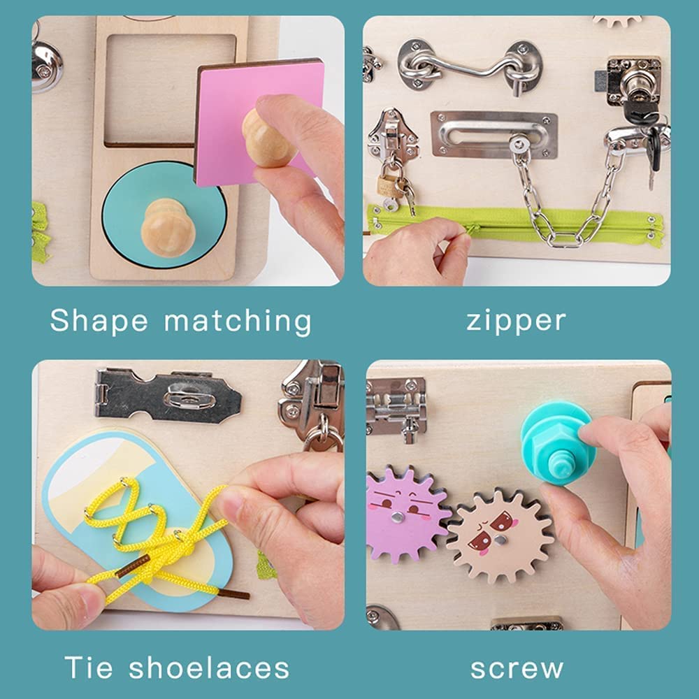 Wooden Sensory Board Montessori Basic Skills Activity Board for Kids Portable Locks Latches Board Children Preschool Learning Activities Busy Board