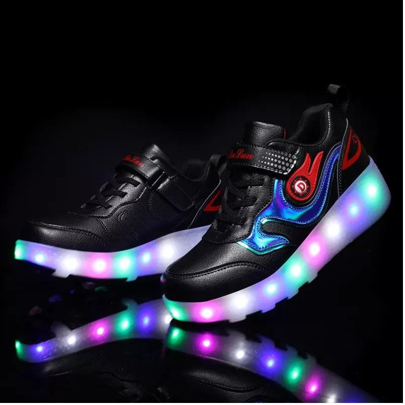 Roller Skate Sneaker Double Wheeled Rechargeable LED Flash Light Roller Shoes For Kids  E66 Black