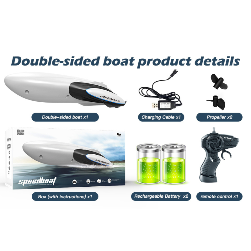 2.4GHz Remote Control Boat with Innovative Hull Double-Sided Driving Design with LED Light for Pools and Lakes Adults and Kids Toy Gift