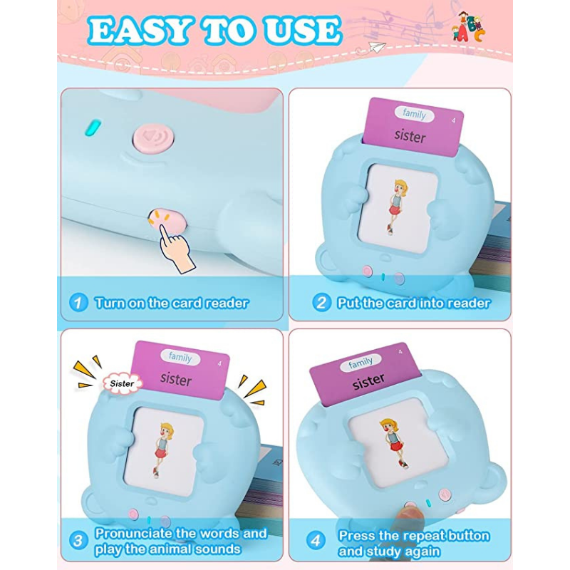 Preschool Learning Toys Cute Bear Shape Early Educational Intelligent Electric Kids Talking Flash Card Words Reading Learning Machine 224 Words Blue