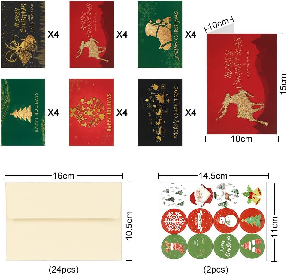24pcs Premium Christmas Cards Xmas Cards 6 Styles Bulk Mixed Card Pack With Envelopes and Stickers - Gold