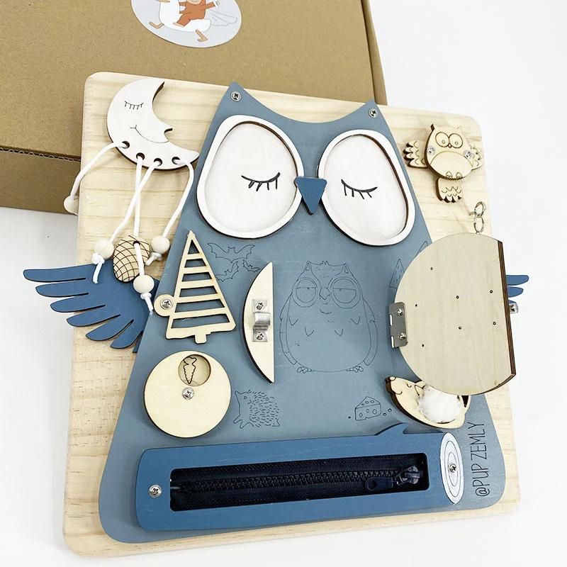 Sleeping Owl Baby Early Education Busy Board Wooden Toy Montessori Toy Baby Sensory Activity Board