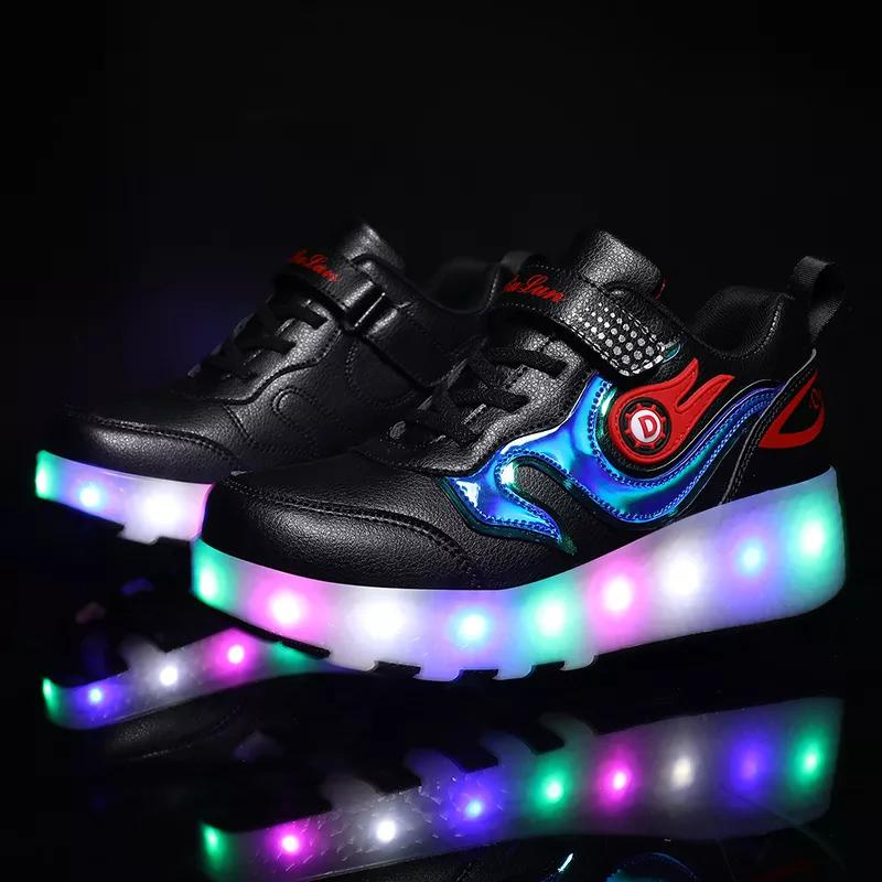 Roller Skate Sneaker Double Wheeled Rechargeable LED Flash Light Roller Shoes For Kids  E66 Black