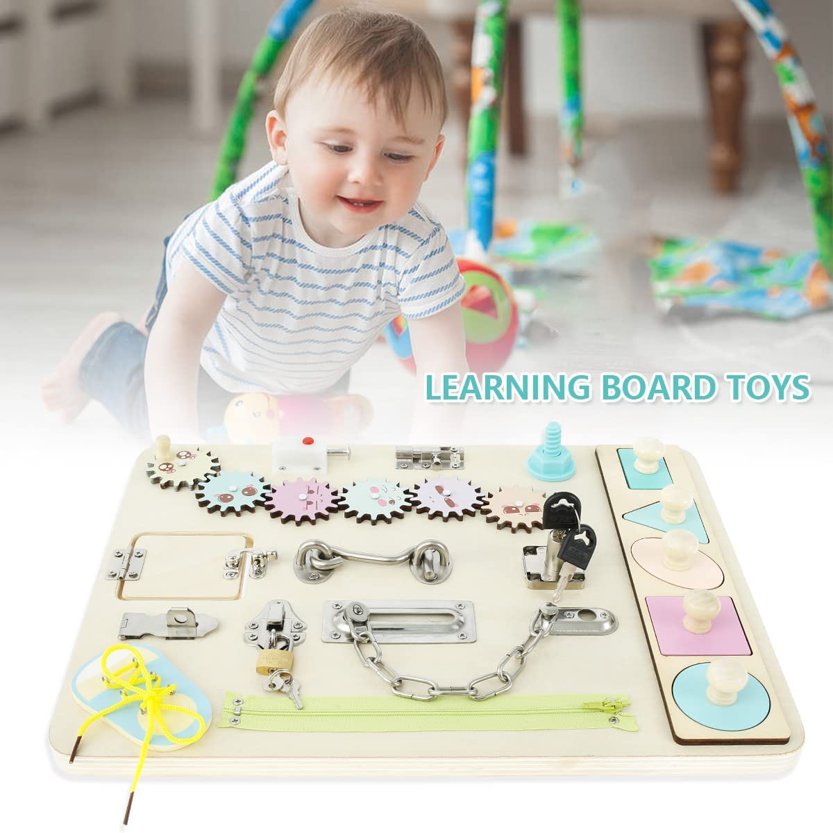 Wooden Sensory Board Montessori Basic Skills Activity Board for Kids Portable Locks Latches Board Children Preschool Learning Activities Busy Board