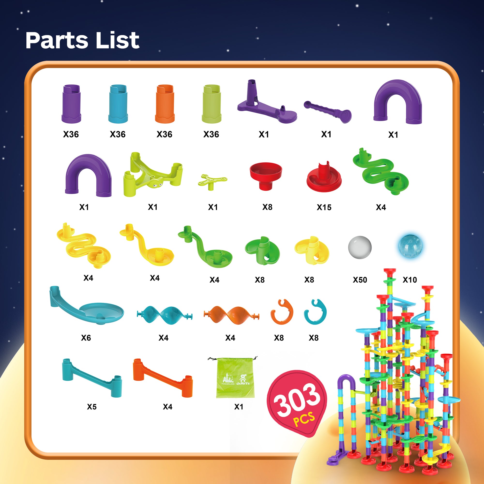 Fonderland 303pcs Large Marble Race Run Building Blocks with Luminous Beads Toys Educational Preschool Kids Deluxe Set