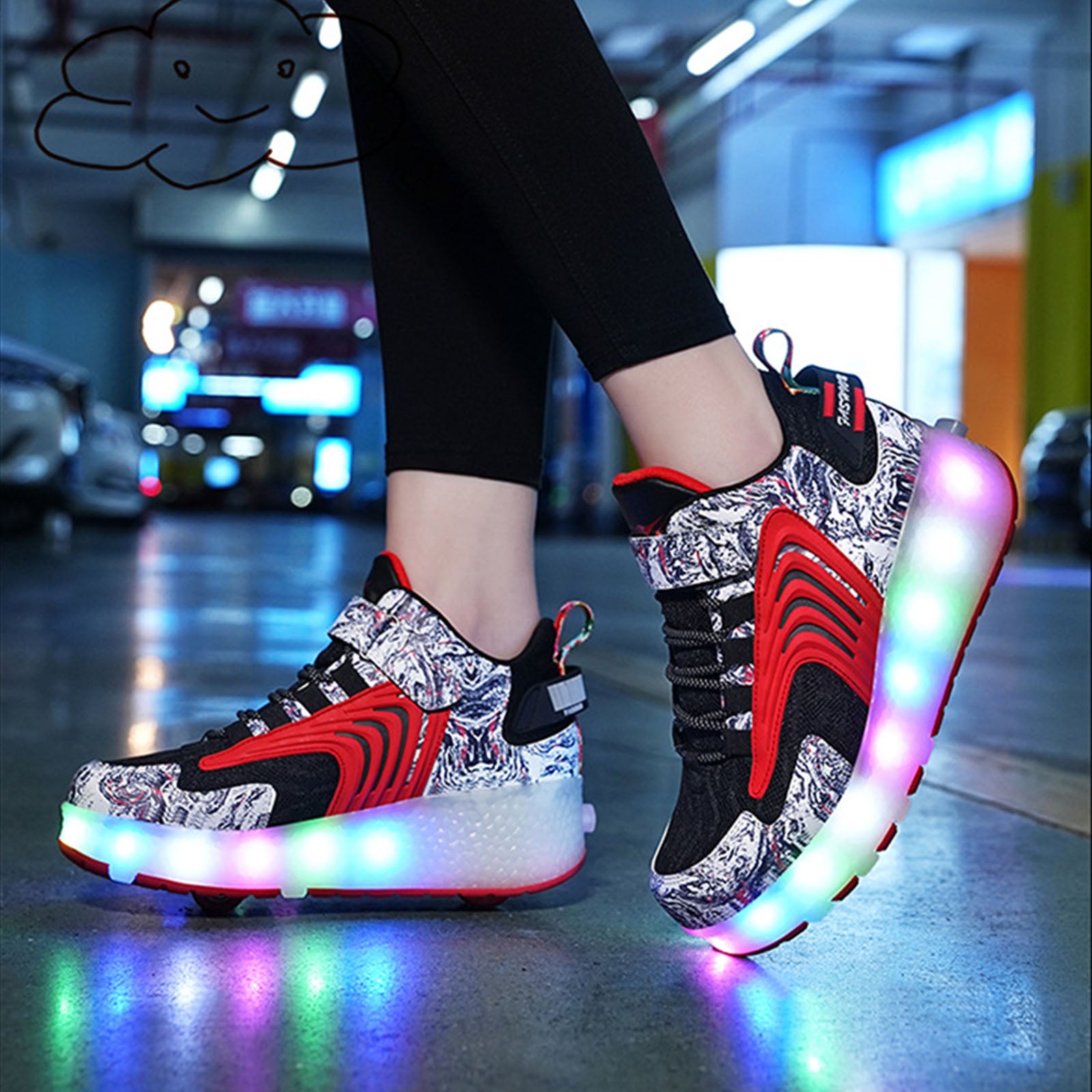 Roller Skate Sneaker Wheeled rechargeable LED Flash Light Sneakers Roller Skate Shoes For Kids With Double Wheel red&black