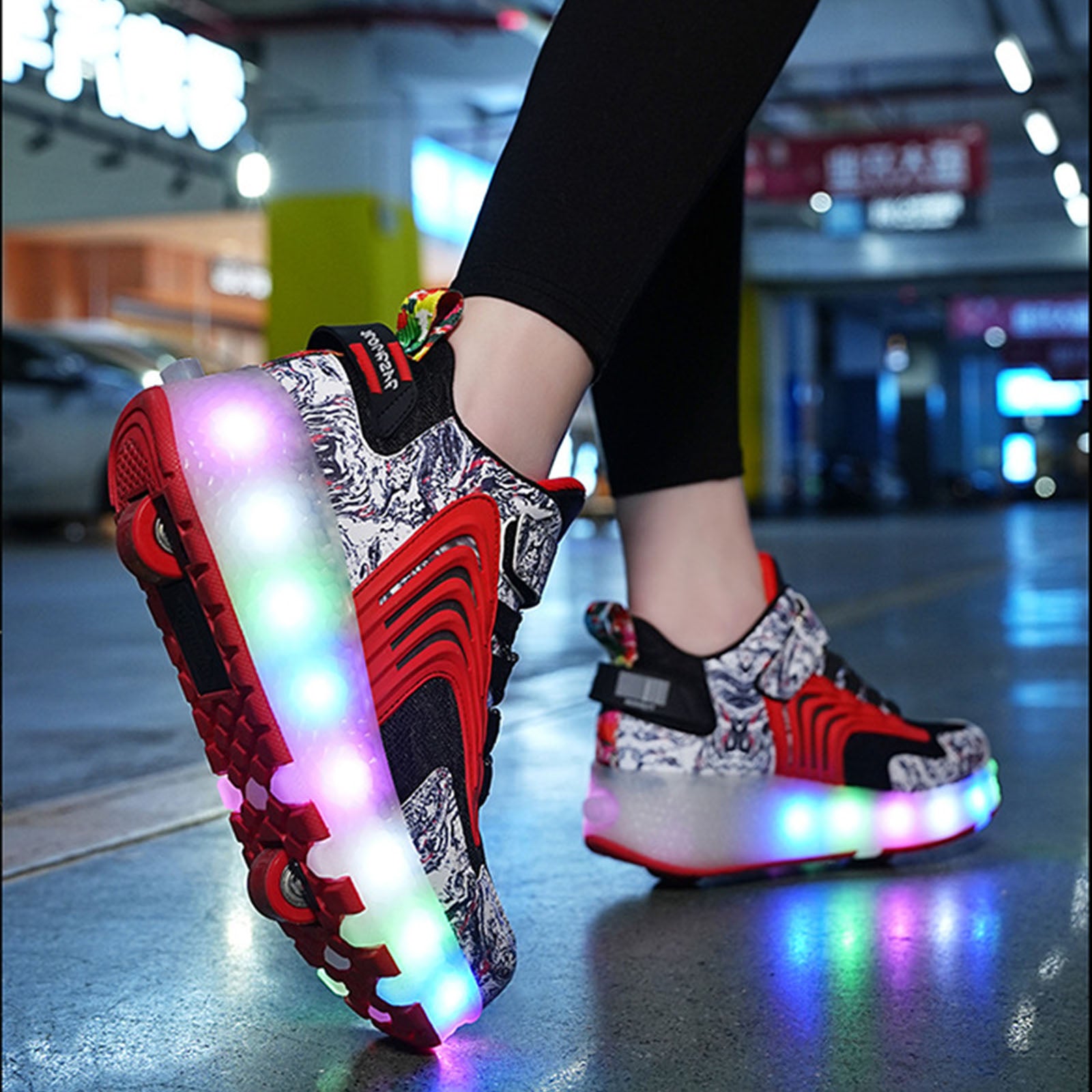 Roller Skate Sneaker Wheeled rechargeable LED Flash Light Sneakers Roller Skate Shoes For Kids With Double Wheel red&black
