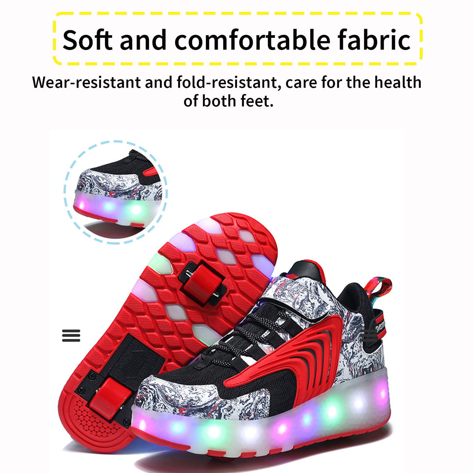 Roller Skate Sneaker Wheeled rechargeable LED Flash Light Sneakers Roller Skate Shoes For Kids With Double Wheel red&black