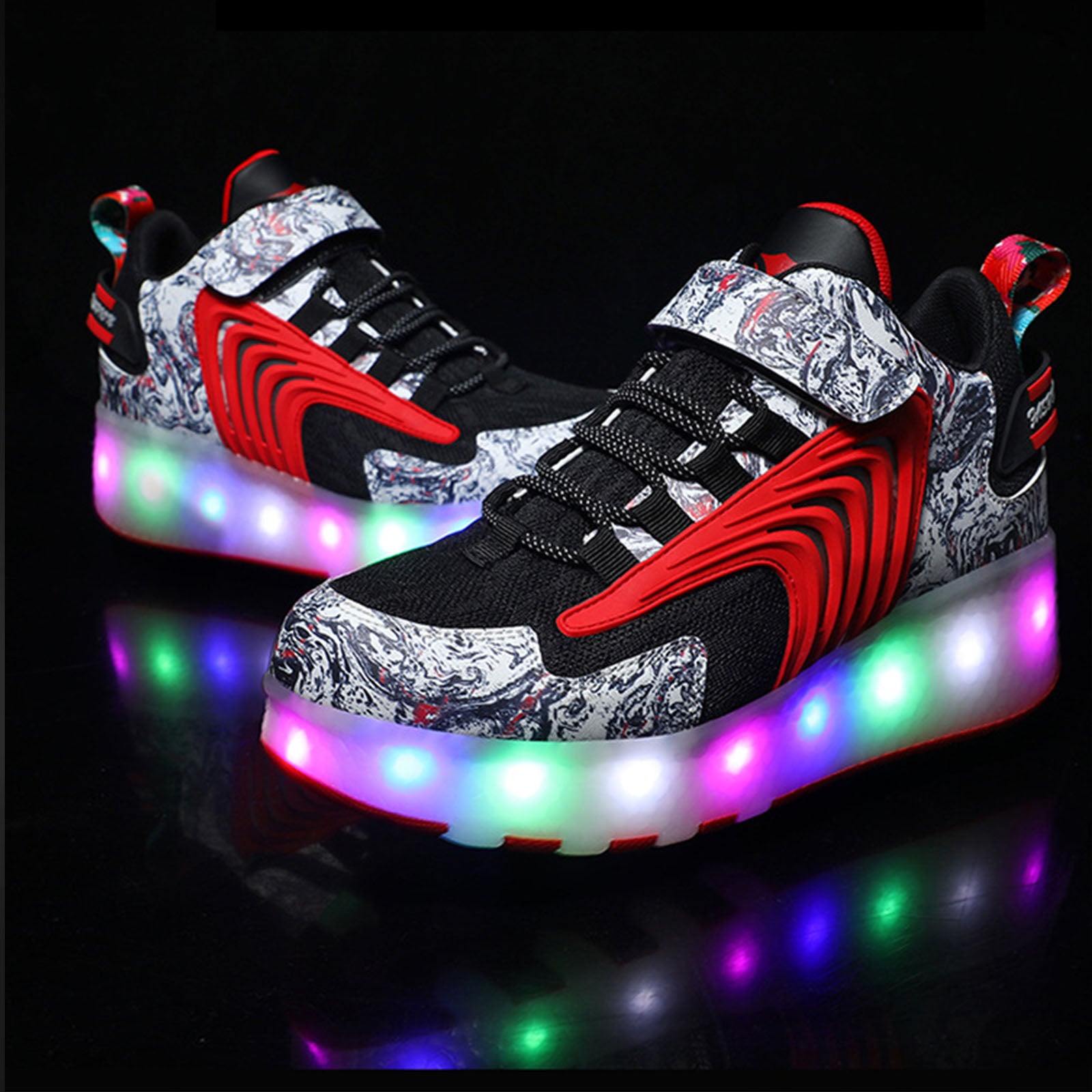 Roller Skate Sneaker Wheeled rechargeable LED Flash Light Sneakers Roller Skate Shoes For Kids With Double Wheel red&black