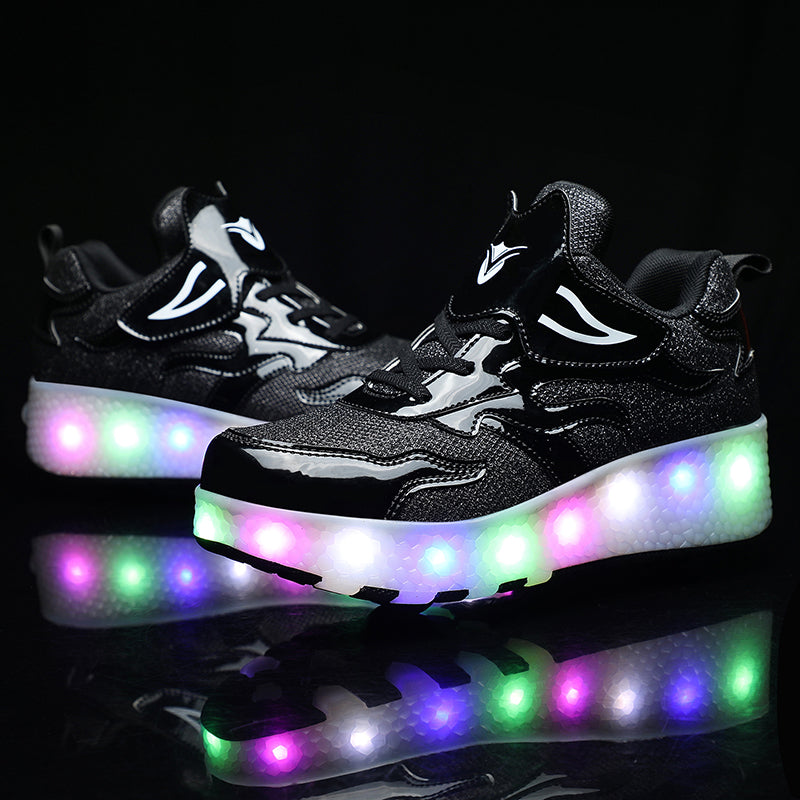 Roller Skate Sneaker Double Wheeled Rechargeable LED Flash Light Roller Shoes For Kids E67 Black