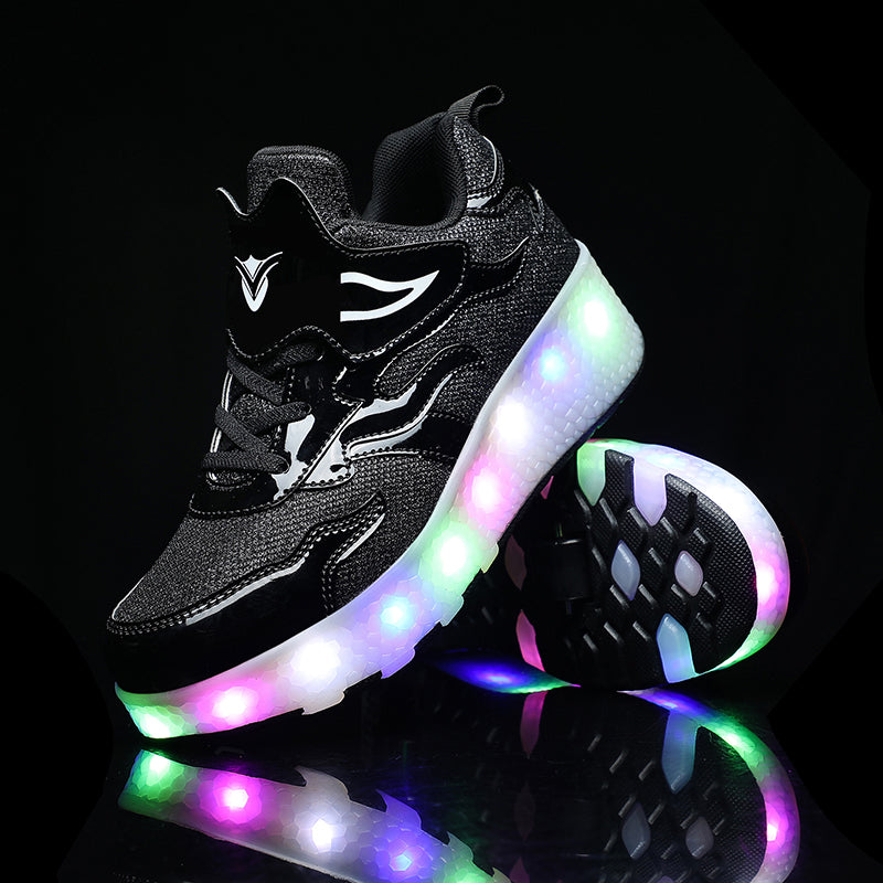 Roller Skate Sneaker Double Wheeled Rechargeable LED Flash Light Roller Shoes For Kids E67 Black