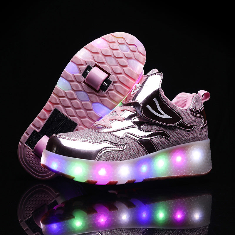 Roller Skate Sneaker Double Wheeled Rechargeable LED Flash Light Roller Shoes For Kids  E67 Pink