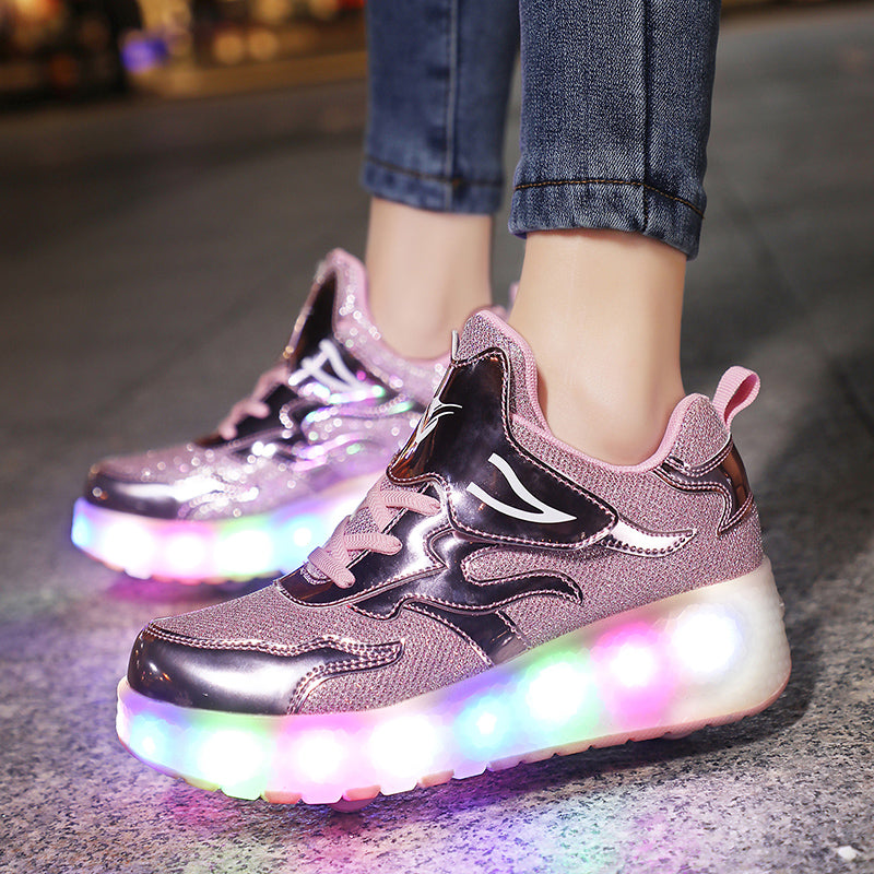 Roller Skate Sneaker Double Wheeled Rechargeable LED Flash Light Roller Shoes For Kids  E67 Pink