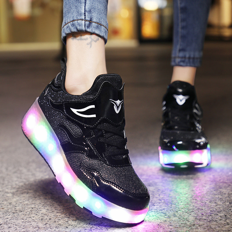 Roller Skate Sneaker Double Wheeled Rechargeable LED Flash Light Roller Shoes For Kids E67 Black