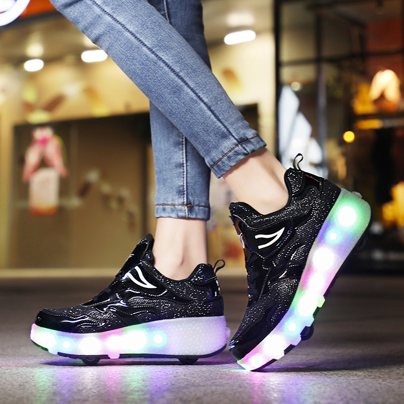 Roller Skate Sneaker Double Wheeled Rechargeable LED Flash Light Roller Shoes For Kids E67 Black