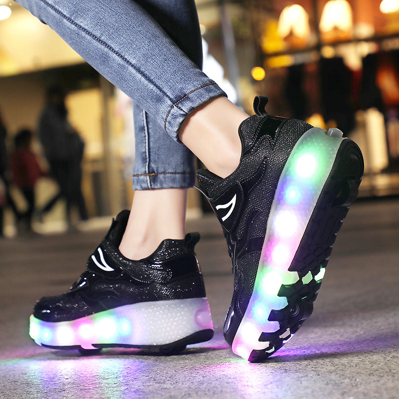 Roller Skate Sneaker Double Wheeled Rechargeable LED Flash Light Roller Shoes For Kids E67 Black