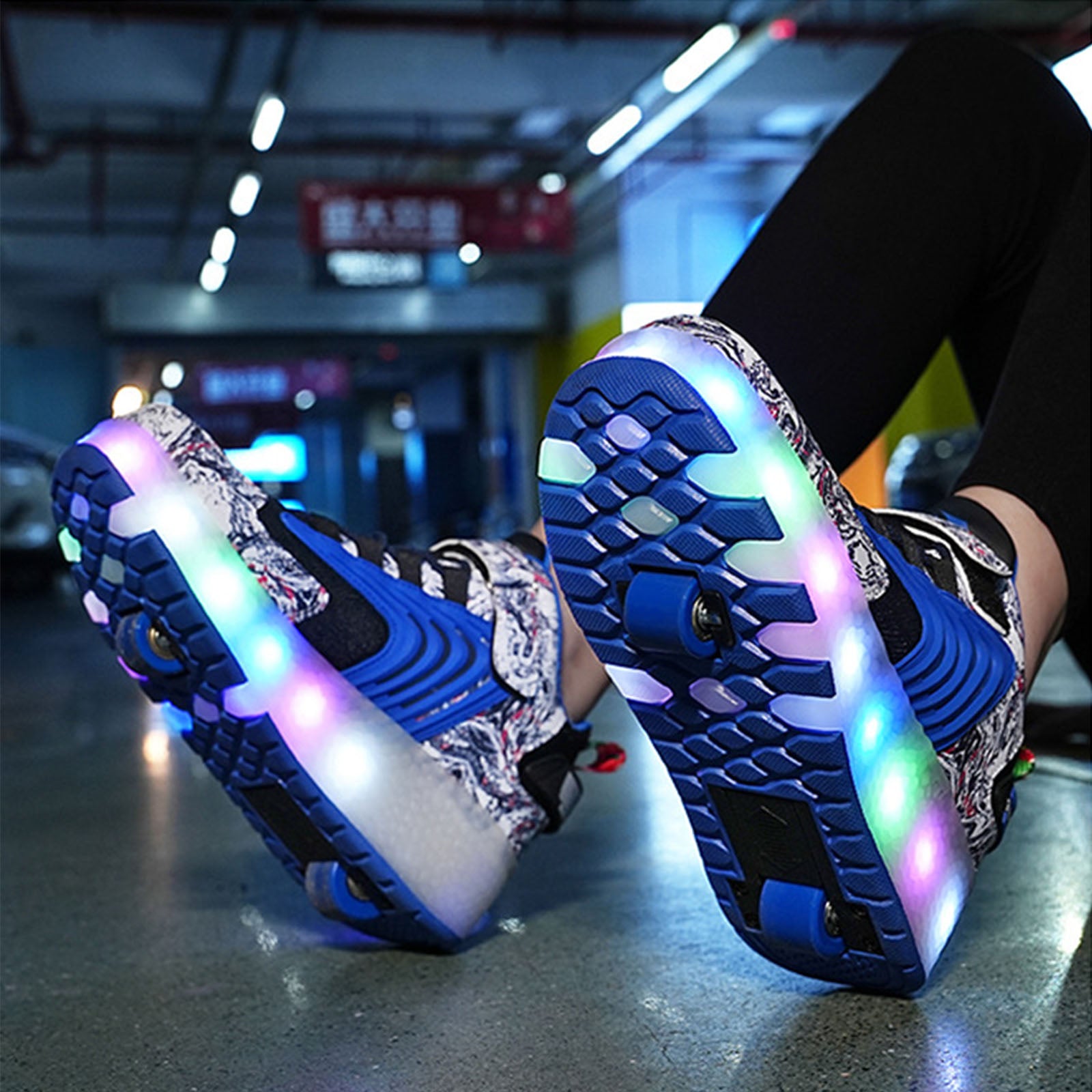 Roller Skate Sneaker Wheeled rechargeable LED Flash Light Sneakers Roller Skate Shoes For Kids With Double Wheel Blue&black
