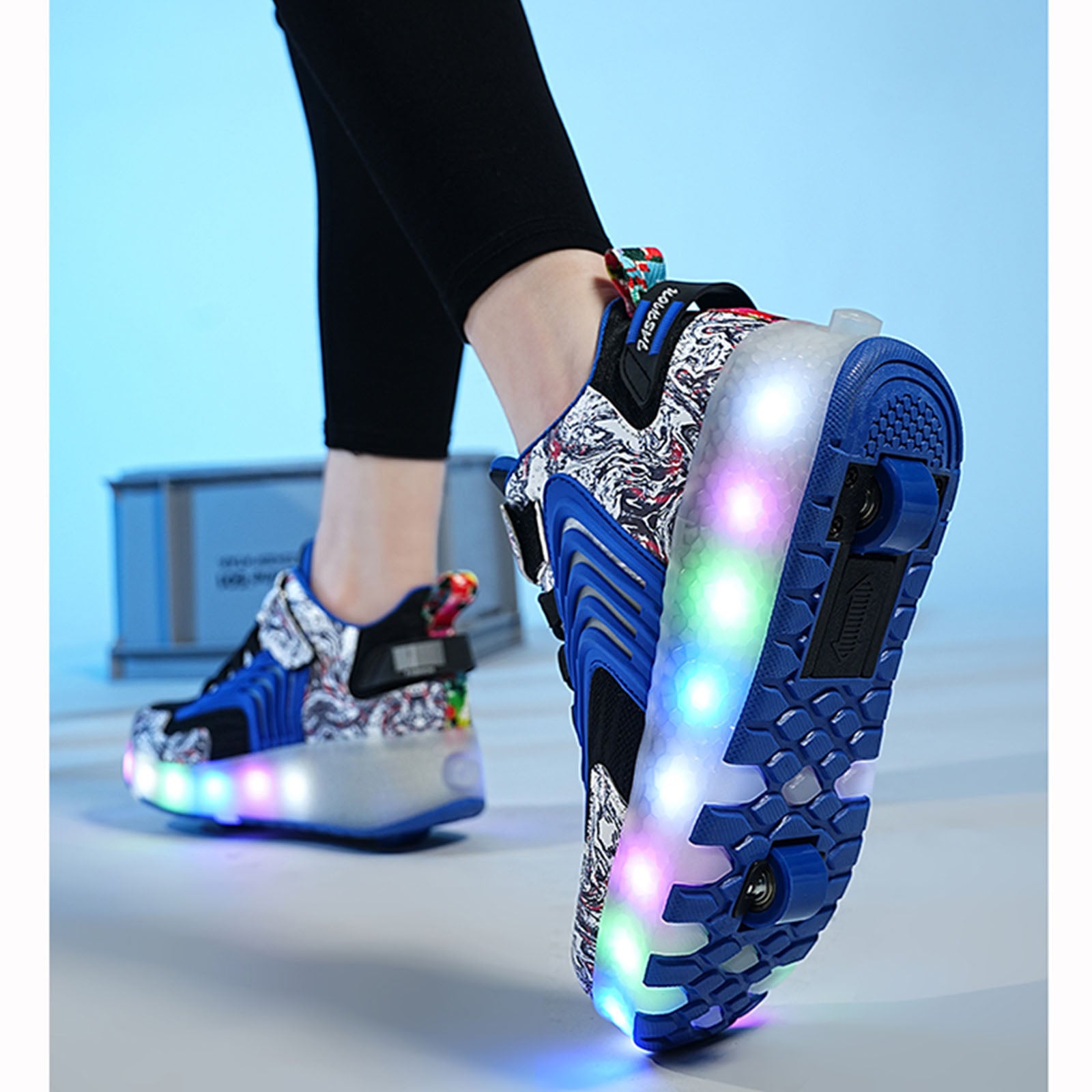 Roller Skate Sneaker Wheeled rechargeable LED Flash Light Sneakers Roller Skate Shoes For Kids With Double Wheel Blue&black