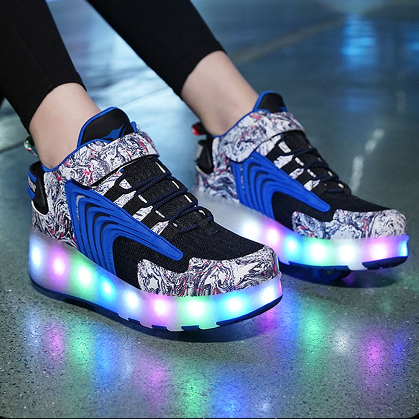 Roller Skate Sneaker Wheeled rechargeable LED Flash Light Sneakers Roller Skate Shoes For Kids With Double Wheel Blue&black