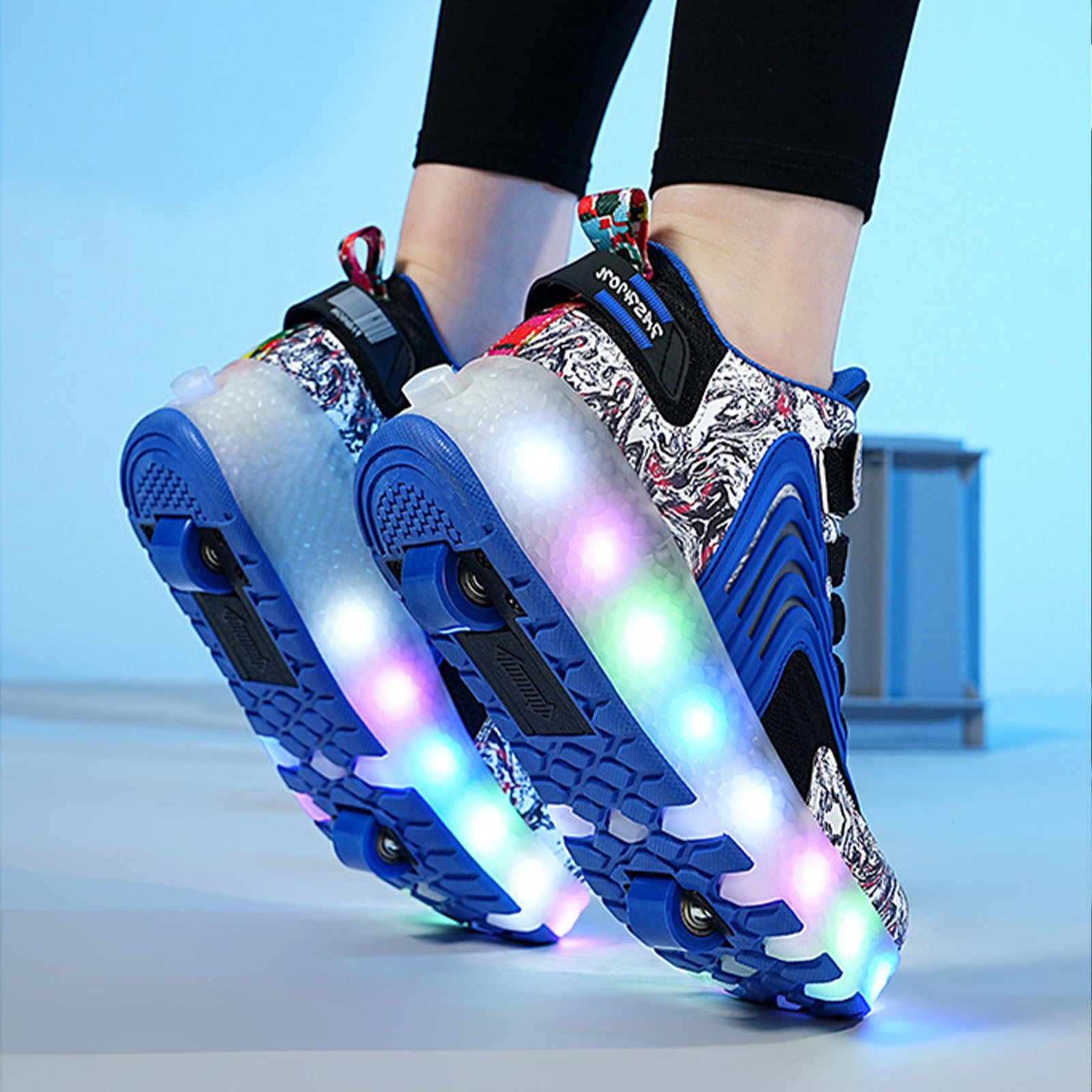Roller Skate Sneaker Wheeled rechargeable LED Flash Light Sneakers Roller Skate Shoes For Kids With Double Wheel Blue&black