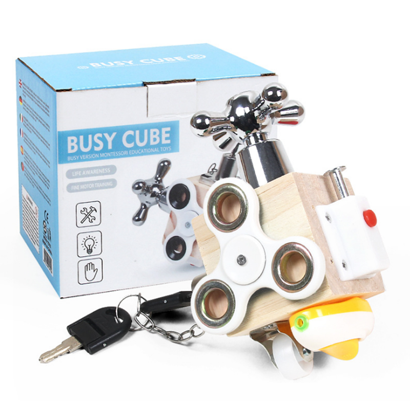 Wooden Busy Board Activity Cube Fidget Training Lock Montessori Educational Toy