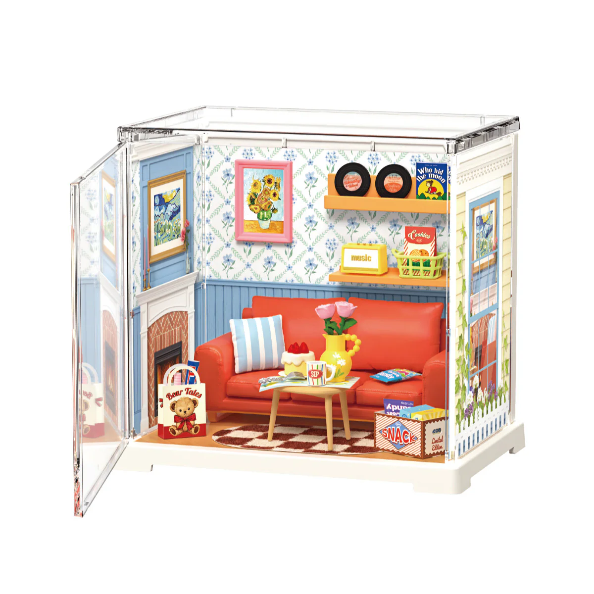Rolife Country Blue Lounge DWS05B DIY miniature house kit front view with clear dust cover and red sofa interior